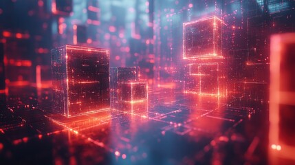Poster - Glowing Digital Cubes in a Futuristic Cityscape