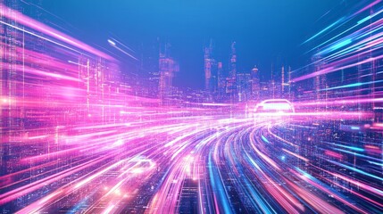 Poster - A vibrant and dynamic representation of city life with colorful light trails, illustrating fast-paced urban movement and modern technology.