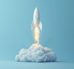 Aufkleber - Light bulb flying out with smoke on a blue background, conceptual vector illustration design idea. Rocket made of a soft LED light bulb