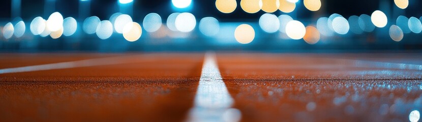 Poster - A close-up view of a running track illuminated at night, emphasizing the lane markings.