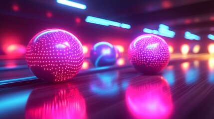 Poster - A row of three glowing balls on a bowling lane