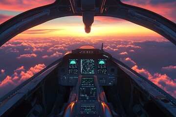 Poster - Cockpit view of an aircraft above colorful clouds during sunset.