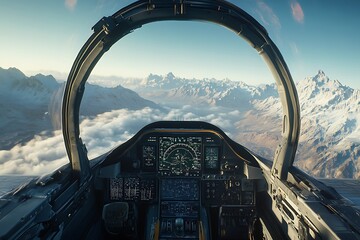 Poster - Cockpit view of an aircraft soaring above mountainous clouds.