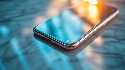 Poster - Sleek smartphone rests on marble surface, reflecting ambient light.