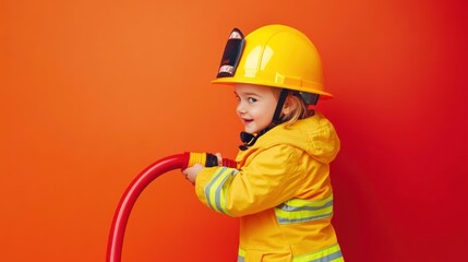 Poster - A child in a yellow firefighter outfit poses with a hose against an orange background.