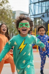 Sticker - A group of children are playing outside in costumes, one of which is wearing a green superhero outfit with a lightning bolt on it