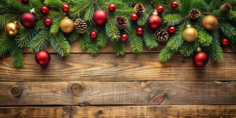 Poster - Rustic Christmas Background with Evergreen Branches, Red and Gold Ornaments, and Pine Cones on Weathered Wooden Planks
