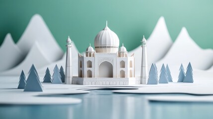Poster - A paper model of a monument surrounded by mountains and trees, showcasing artistic design.