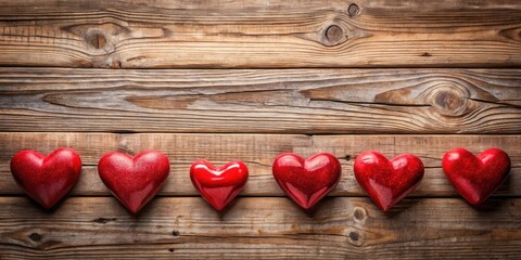 Poster - Red hearts arranged on a rustic wooden surface, creating a warm and inviting backdrop for a romantic message.