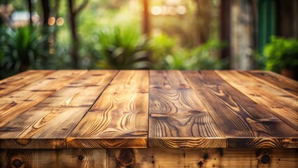 Poster - Rustic wooden table top with blurred foliage background, perfect for showcasing products or creating a serene scene.