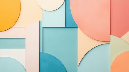 Poster - A vibrant collection of colorful geometric shapes in pastel hues, featuring overlapping circles and rectangles that create a dynamic visual effect.