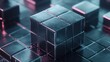 © matoya - Close-up of a metallic cube puzzle on a field of smaller cubes, illuminated with pink and blue light.