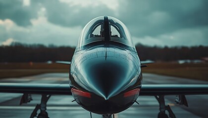 Poster - A sleek jet aircraft with a reflective surface, poised on a runway under a cloudy sky.
