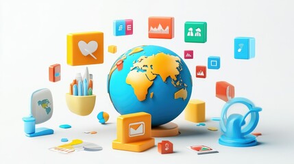 Aufkleber - A 3D globe with floating competitor icons and data charts, illustrating the global landscape of competitor analysis and market competition.