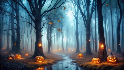 Poster - Enchanted Forest Path Illuminated by Glowing Jack-o-Lanterns on a Misty Autumn Evening