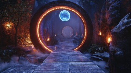 Poster - A captivating circular gateway, glowing with mysterious light, leading into a new dimension with dynamic swirling patterns and a sense of wonder.