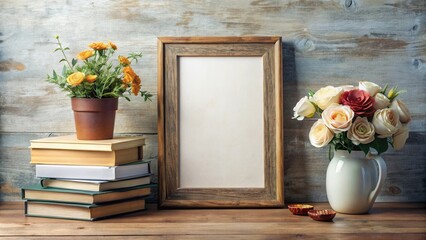 Poster - Rustic Still Life Featuring A Stack Of Books, A Blank Frame, And A Bouquet Of Flowers In A White Jug On A Wooden Table