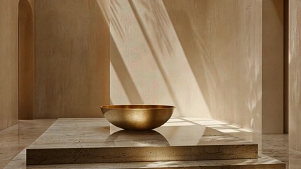 Aufkleber - A golden bowl sits prominently on a marble pedestal. Sunlight filters through, casting soft shadows on the warm-toned walls, creating a serene atmosphere.