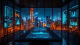 Futuristic High Tech Boardroom with Sleek Digital Cityscape View