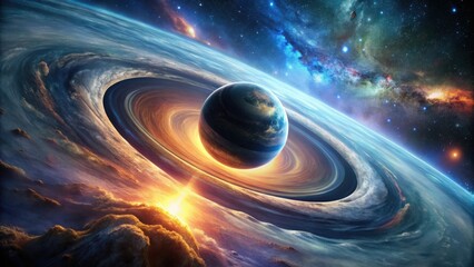 Wall Mural - a celestial body surrounded by a glowing ring system, with a backdrop of stars and a distant galaxy.