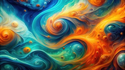 Poster - Cosmic Swirls A Symphony of Orange, Blue, and Green, Intertwined with Whimsical Galaxies and Scattered Orbs