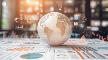 Poster - A digital rendering of a 3D globe surrounded by global competitor icons and analysis graphs, depicting a competitive market analysis and strategic insights.