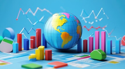 Poster - A digital rendering of a 3D globe surrounded by global competitor icons and analysis graphs, depicting a competitive market analysis and strategic insights.