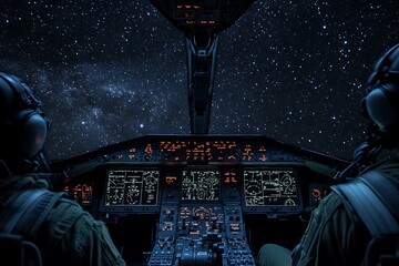 Poster - Cockpit view of pilots navigating through a starry night sky.