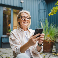 smile mature woman owner sit in front restaurant and use mobile phone