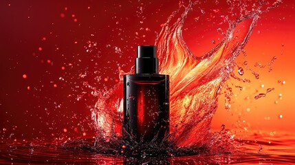 Aufkleber - A dramatic image of a black beauty bottle with dynamic water splashes and flames, set against a fiery red background, perfect for premium cosmetic packaging.
