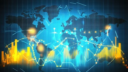 Poster - Vibrant Stock Market Concept Design Featuring Dynamic Graphs and World Map with Digital Elements Representing Global Financial Trends and Data Analytics