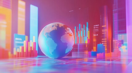 Poster - A global market analysis scene with a 3D globe, floating competitor logos, and market performance charts, perfect for business strategy visuals.