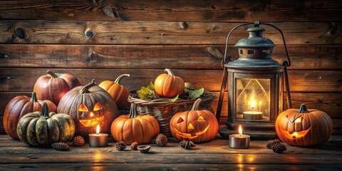 Poster - Smiling Jack-O-Lanterns illuminate a rustic wooden scene with the glow of candlelight, creating a warm and inviting ambiance for Halloween.