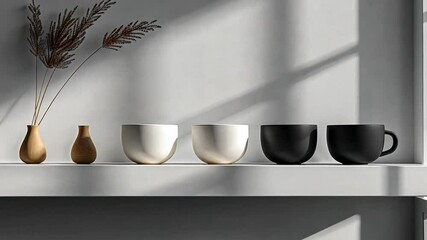 Aufkleber - A shelf features a minimalist arrangement of ceramic cups in white, black, and gray hues alongside a small vase. Natural light creates interesting shadows, enhancing the serene atmosphere.