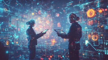 Poster - Engineers Collaborating on Heavy Duty Industrial Projects in a Futuristic Digital Environment with Advanced Technology and Visual Data Representation