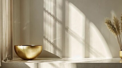 Aufkleber - In a serene indoor space, a golden bowl and a stylish vase holding pampas grass catch the soft natural light, creating a calming atmosphere. The light casts gentle shadows on the walls.
