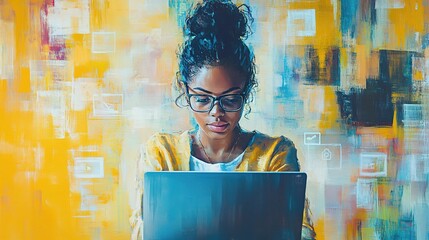 Poster - Young female programmer intensely coding on a laptop against a vibrant abstract background, showcasing focus and creativity in technology education and development.
