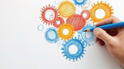 Poster - Vibrant Hand Drawing of Gears Representing Business Concept with Creative Colorful Illustrations for Innovative Ideas and Strategies in the Corporate World