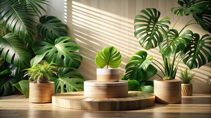 Aufkleber - A wooden podium with a single monstera leaf plant in a white and brown pot, surrounded by vibrant green foliage, bathed in warm sunlight filtering through blinds.