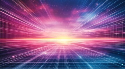 Poster - A vibrant, futuristic landscape showcasing a blend of colors and lights, symbolizing innovation and digital advancement, perfect for tech-themed projects.