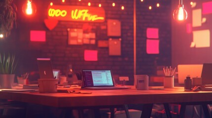 Poster - A modern workspace with laptops, plants, and colorful sticky notes, creating a vibrant atmosphere.