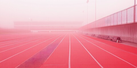 Poster - A foggy athletic track with red lanes, creating a surreal and tranquil atmosphere.