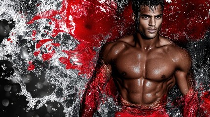 Poster - A muscular man emerging from a splash of water, showcasing strength and vitality.