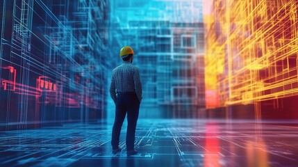 Poster - Engineer in Safety Helmet Evaluating Virtual Reality Model of Construction Site with Architectural Plans and Project Designs in Futuristic Environment