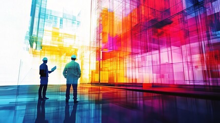 Poster - Colorful Construction Planning with Engineers at a Vibrant Site with Abstract Architectural Elements Representing Modern Design and Innovation