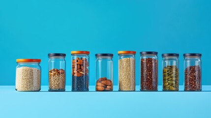 Poster - A vibrant blue backdrop highlights a selection of colorful jars filled with nutritious grains and nuts, perfect for food photography and wellness marketing.