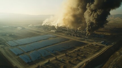 Aufkleber - A wide shot of a solar farm beside a factory emitting dark smoke, illustrating the stark contrast between sustainable energy and industrial pollution.