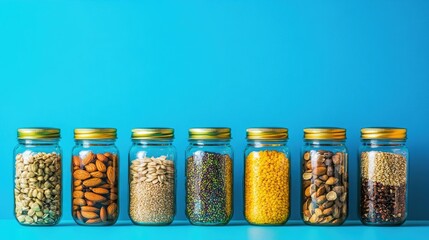Poster - Assorted colorful jars filled with grains and nuts, placed on a bright blue background, showcasing the variety and health benefits of natural foods.