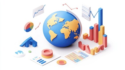 Aufkleber - Business strategy represented by a 3D globe, with competitor icons and analysis charts highlighting the competitive landscape of the global market.