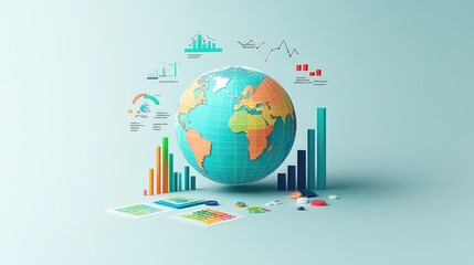 Aufkleber - Business strategy represented by a 3D globe, with competitor icons and analysis charts highlighting the competitive landscape of the global market.